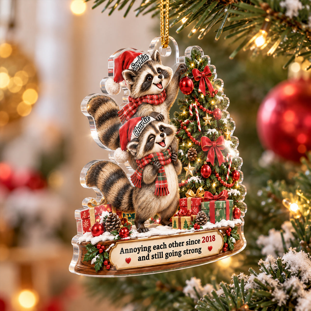 Raccoon Couple Annoying Each Other - Personalized Acrylic Ornament - Funny Christmas Gift for Him, for Her