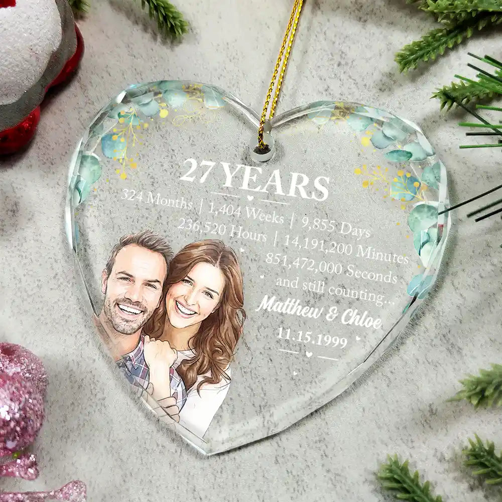 Anniversary Gift For Couples - Personalized Custom Photo Watercolor Names Year Counting Time Together Glass Ornament