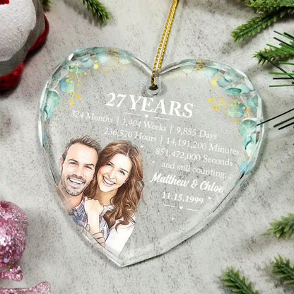 Anniversary Gift For Couples - Personalized Custom Photo Watercolor Names Year Counting Time Together Glass Ornament