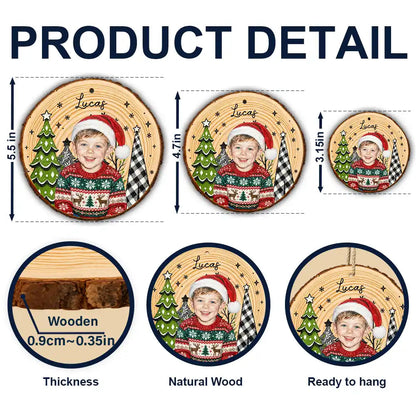 Christmas Gift For Kids Family - Personalized Custom Photo & Name Kid Portrait With Pine Tree Snowflake Wood Slice Ornament