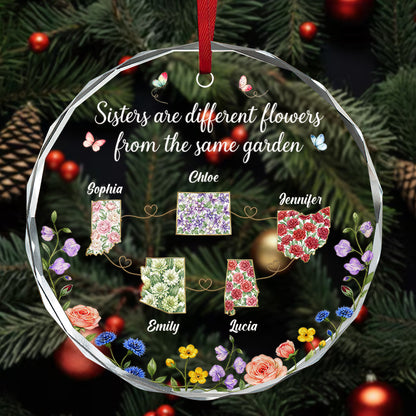 Sisters Are Different Flowers - Personalized Round Shaped Glass Ornament