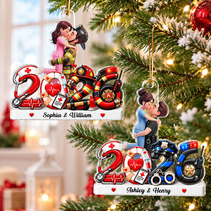Hero Police Firefighter Nurse Couple - Personalized Acrylic Ornament - Christmas Gift For Him, For Her, Husband, Wife