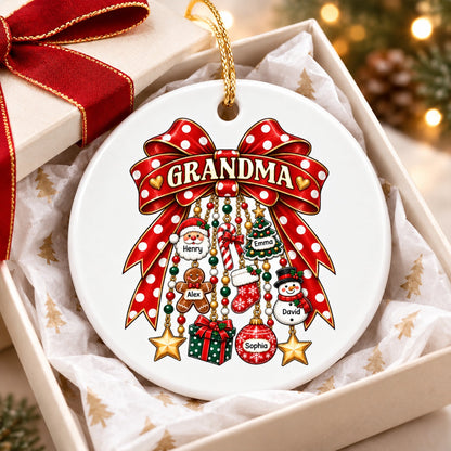 Grandma Retro Christmas Charm Bow - Personalized Ceramic Ornament - Trendy Christmas Ornament for Grandma