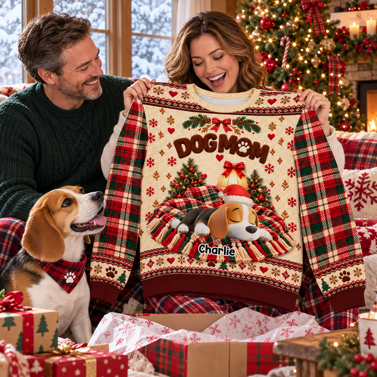 Custom Christmas Sweatshirt for Dog Mom, Dog Dad • Sleeping Dog - Personalized All-Over-Print Sweatshirt