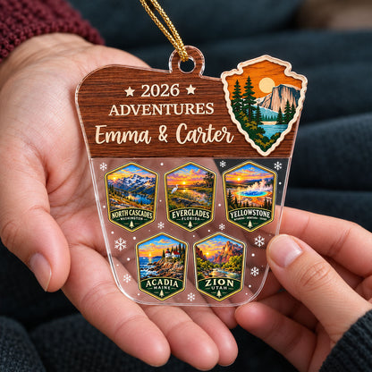 Custom National Parks Adventures - Personalized Acrylic Ornament - National Parks Adventure Lovers, National Park Trip Keepsake, Couple Traveling Christmas Gift