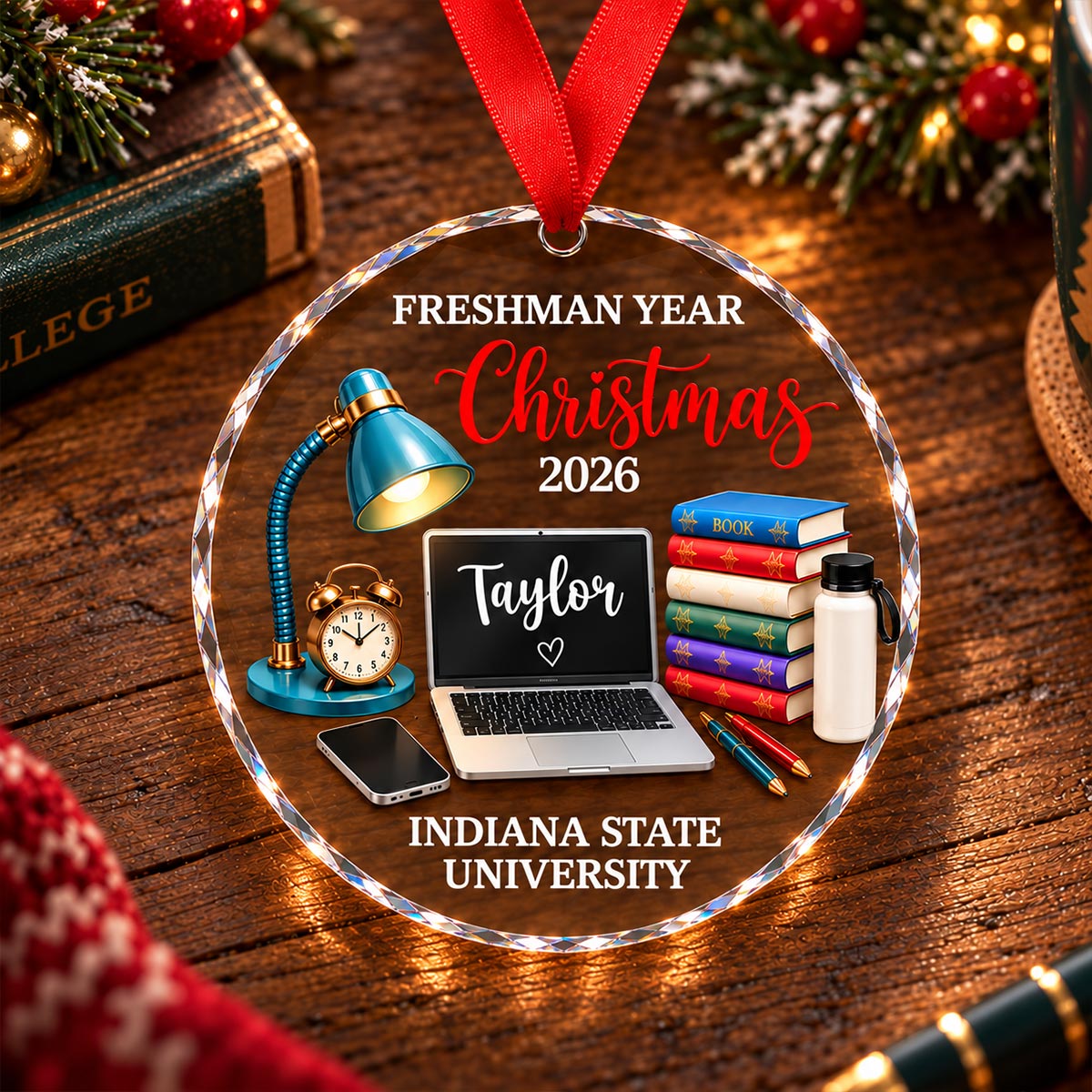 Freshman Year Christmas Study Desk – Personalized Glass Ornament – College Student Christmas Gift, First Year Keepsake