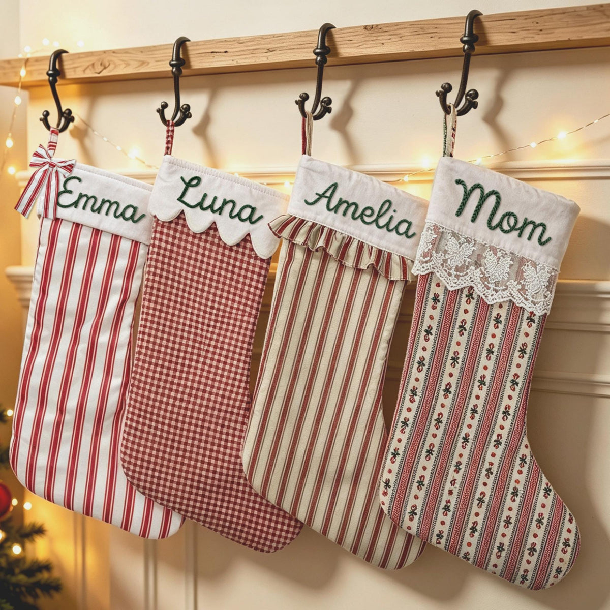 Personalized Embroidered Name Christmas Stocking Plaid & Stripe Holiday Stocking with Optional Bow CH07 180814