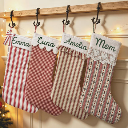 Personalized Embroidered Name Christmas Stocking Plaid & Stripe Holiday Stocking with Optional Bow CH07 180814