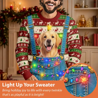Christmas Gag Gift For Pet Dad - Personalized Custom Photo Pet Face Hairy Chest Abs Body Unisex Ugly Sweater