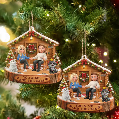 Christmas Gift For Pet Couples - Personalized You & Me And The Cat Wooden Ornament