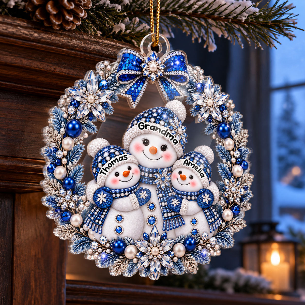 Grandma Grandkid Snowman Wreath - Personalized Acrylic Ornament - Christmas Gift for Grandma, Grandkids