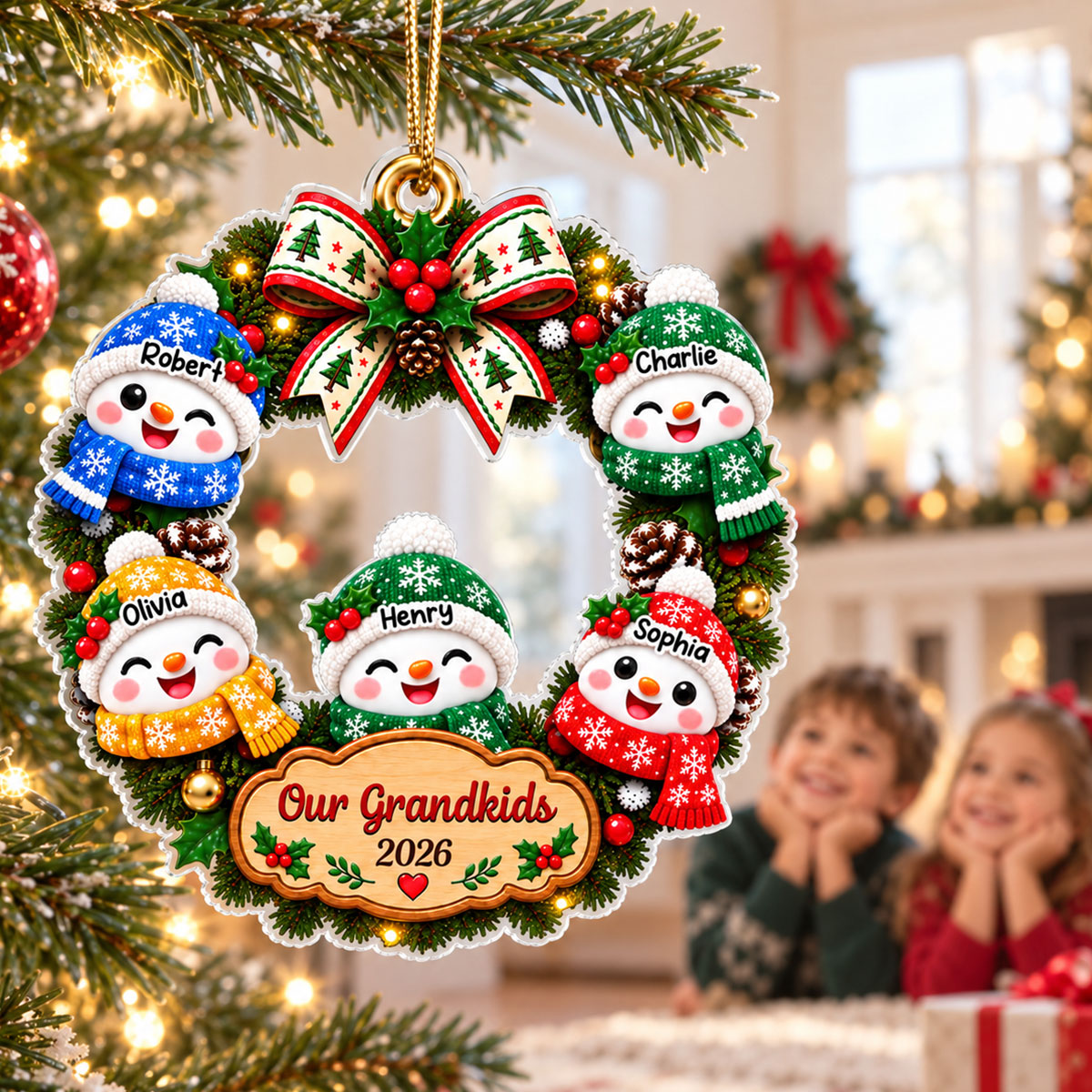 Our Grandkids Snowman Christmas Wreath 2026 - Personalized Acrylic Ornament - Christmas Gift For Kids, Grandkids