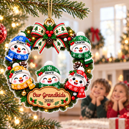 Our Grandkids Snowman Christmas Wreath 2026 - Personalized Acrylic Ornament - Christmas Gift For Kids, Grandkids