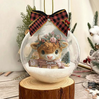 Highland Cow Christmas - Personalized Highland Cow Snow Globe Ornament With Bow