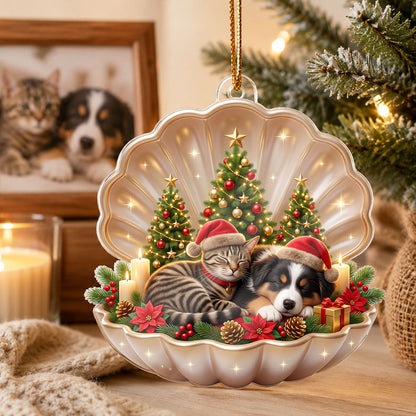 Dog Cat Sleeping in Pearl Shell - Personalized Acrylic Ornament - Christmas Gift for Pet Lovers