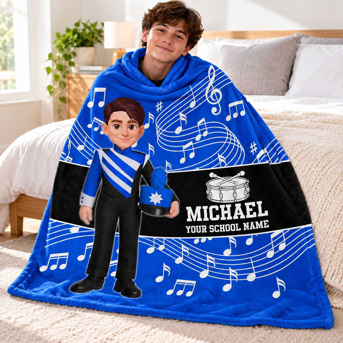 Custom Music Marching Band, Orchestra, Personalized Name, Color, School, Instrument, Trumpet, Clarinet, Tuba, Violine - Personalized Fleece Blanket - Christmas Gift For Son, Grandson, Daughter, Granddaughter