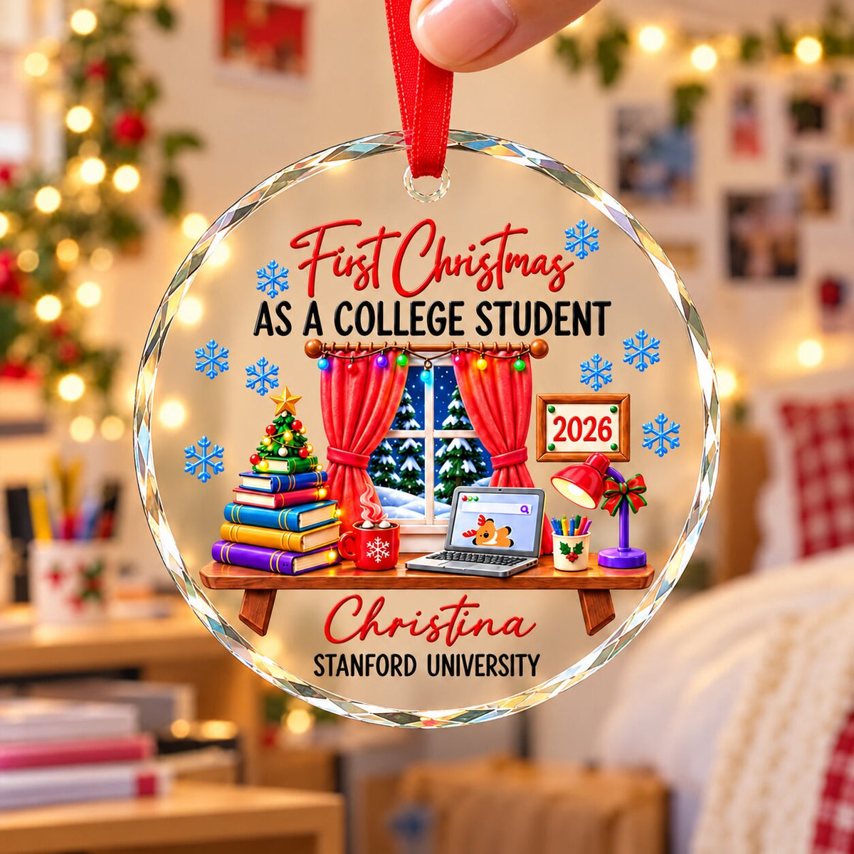 College Student With Desk Design - Personalized Glass Ornament - Christmas Gift For New Student, Boy, Girl