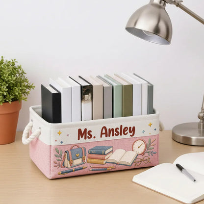 Personalized Rope Basket with Pink Book Art for Classroom or Home Office, Creative Gift for Teachers Who Love Reading