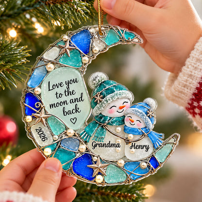 Grandma Grandkid Snowman On Moon 2D Flat Printed - Personalized Acrylic Ornament - Christmas Gift For Grandkid, Grandson, Granddaughter