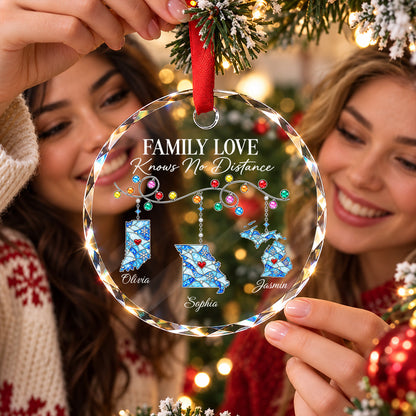 Family Love Knows No Distance - Personalized Glass Ornament - Togetherness Christmas Gift for Sisters, Children