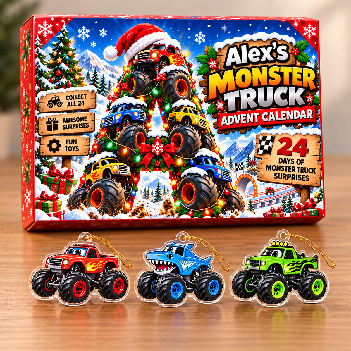 24 Days of Monster Trucks Custom Initial - Personalized Christmas Advent Calendar