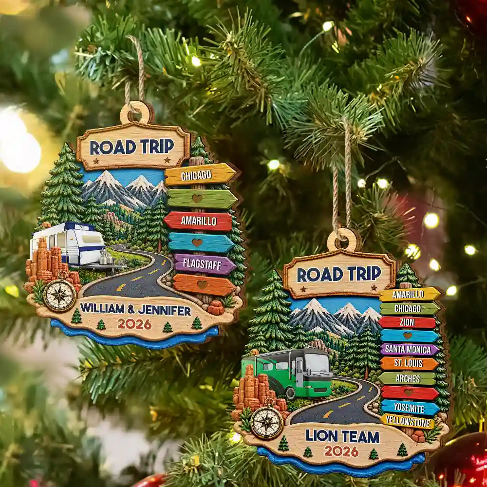 Road Trip Travel Gift For Couples, Family, Friends - Personalized Vacation Wooden Ornament