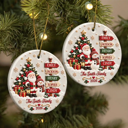 Christmas Gift For Family - Personalized Family Name Santa And Snowman 3D Embossed Circle Ceramic Ornament