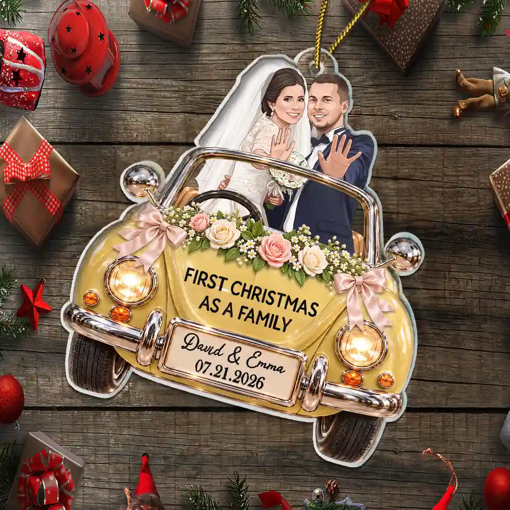 First Christmas Gift For Newlyweds - Personalized Custom Photo Mr And Mrs Names Just Married Car Acrylic Ornament