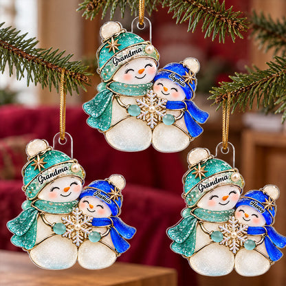 Grandma & Grandkid Snowman 2D Flat Printed - Personalized Acrylic Ornament - Christmas Gift For Grandchildren