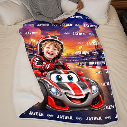 Custom Photo Checkered Flag Racing Gifts for Kids - Personalized Blanket
