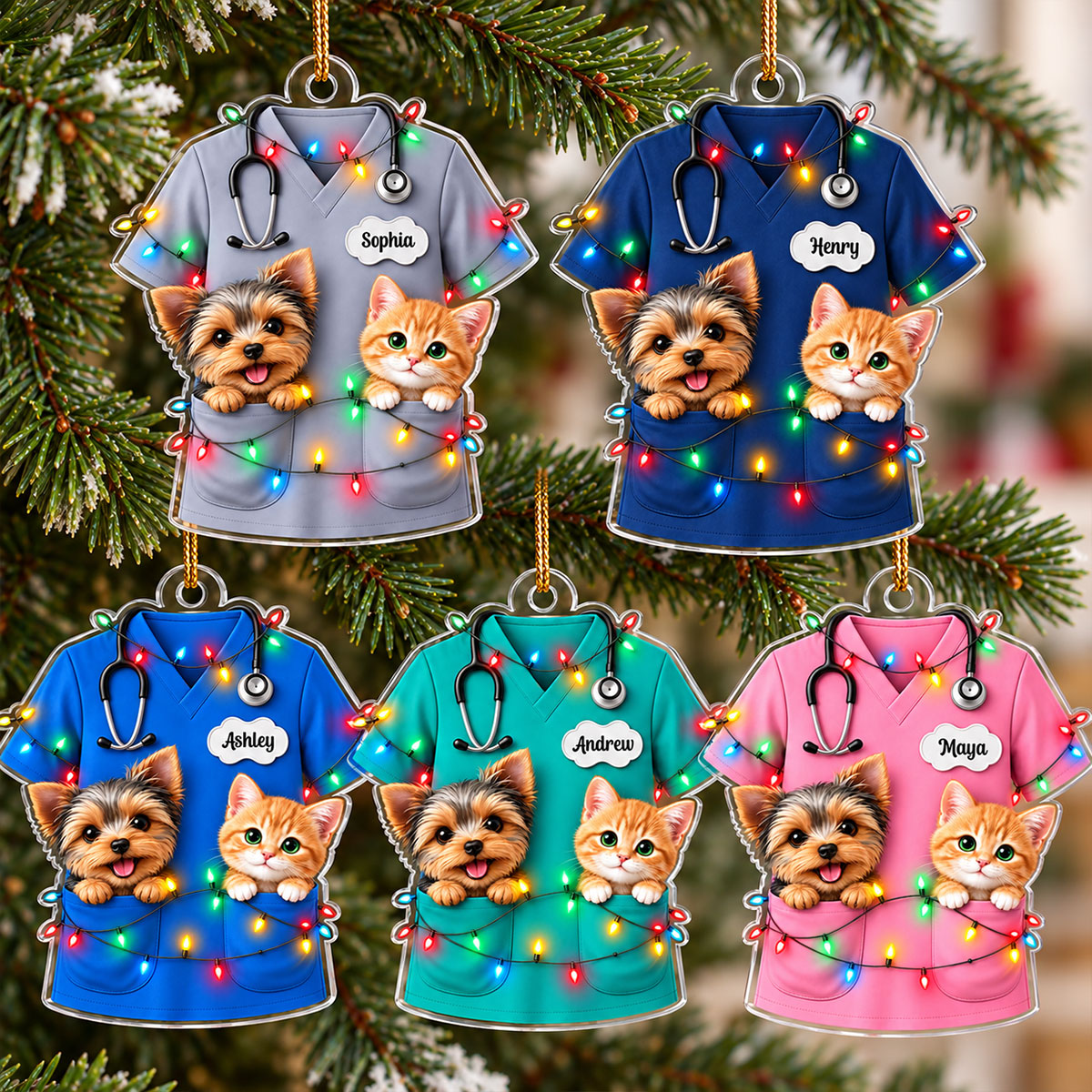 Christmas Vet Scrubs With Pets - Personalized Acrylic Ornament - Veterinarian Christmas Gift