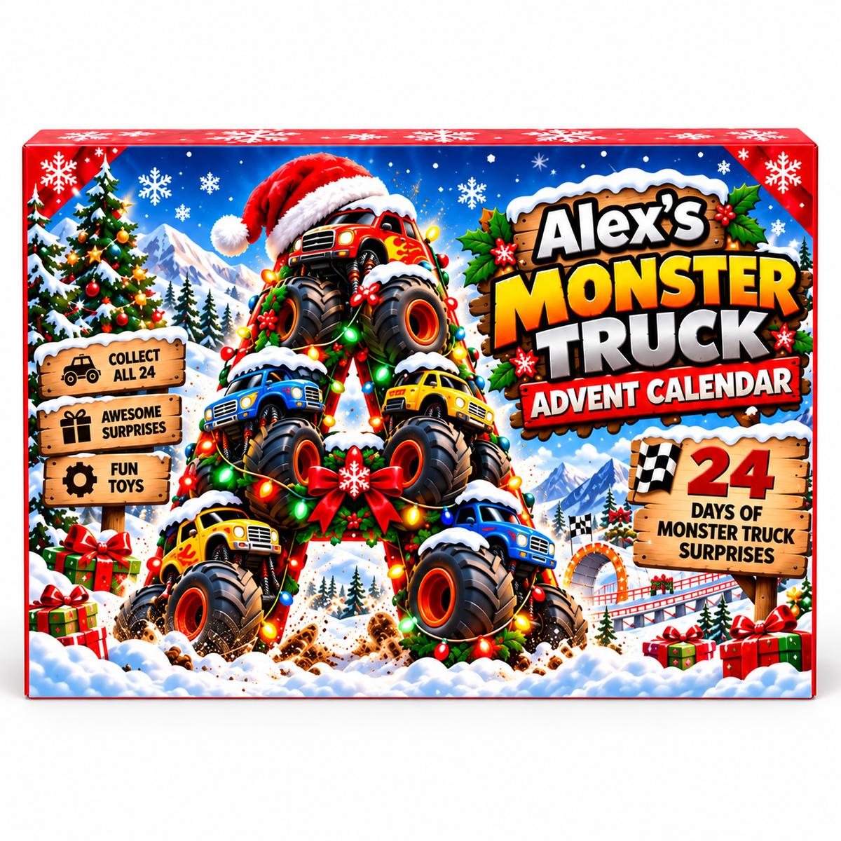 24 Days of Monster Trucks Custom Initial - Personalized Christmas Advent Calendar