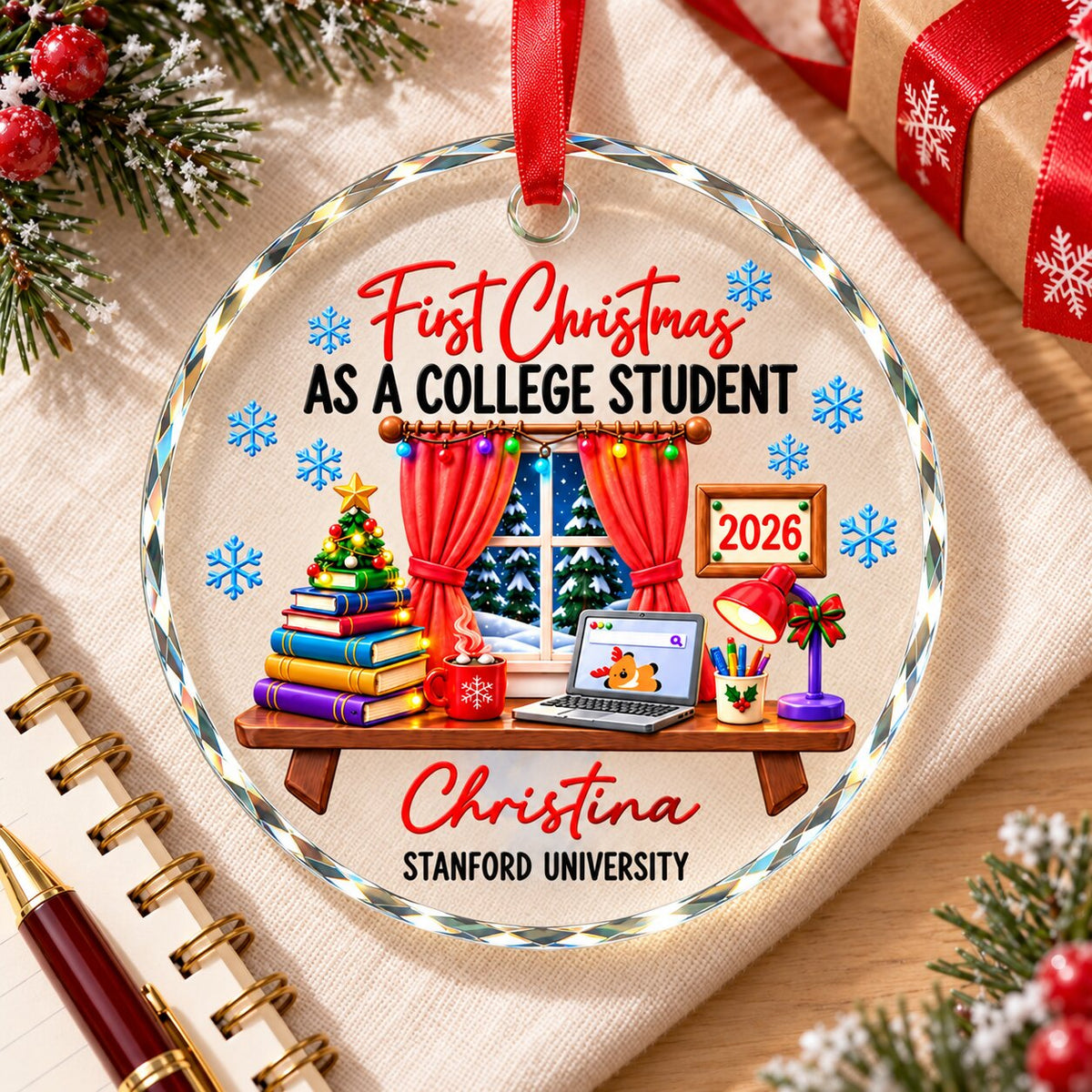 College Student With Desk Design - Personalized Glass Ornament - Christmas Gift For New Student, Boy, Girl