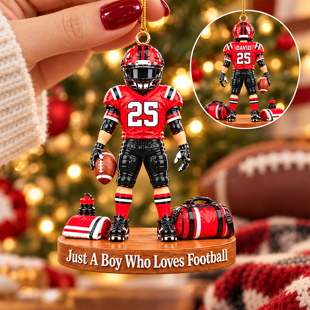 Luxury Personalized Football Player Christmas Ornament, Custom Name, Number & Uniform Colors, Just a Boy Who Loves Football Gift