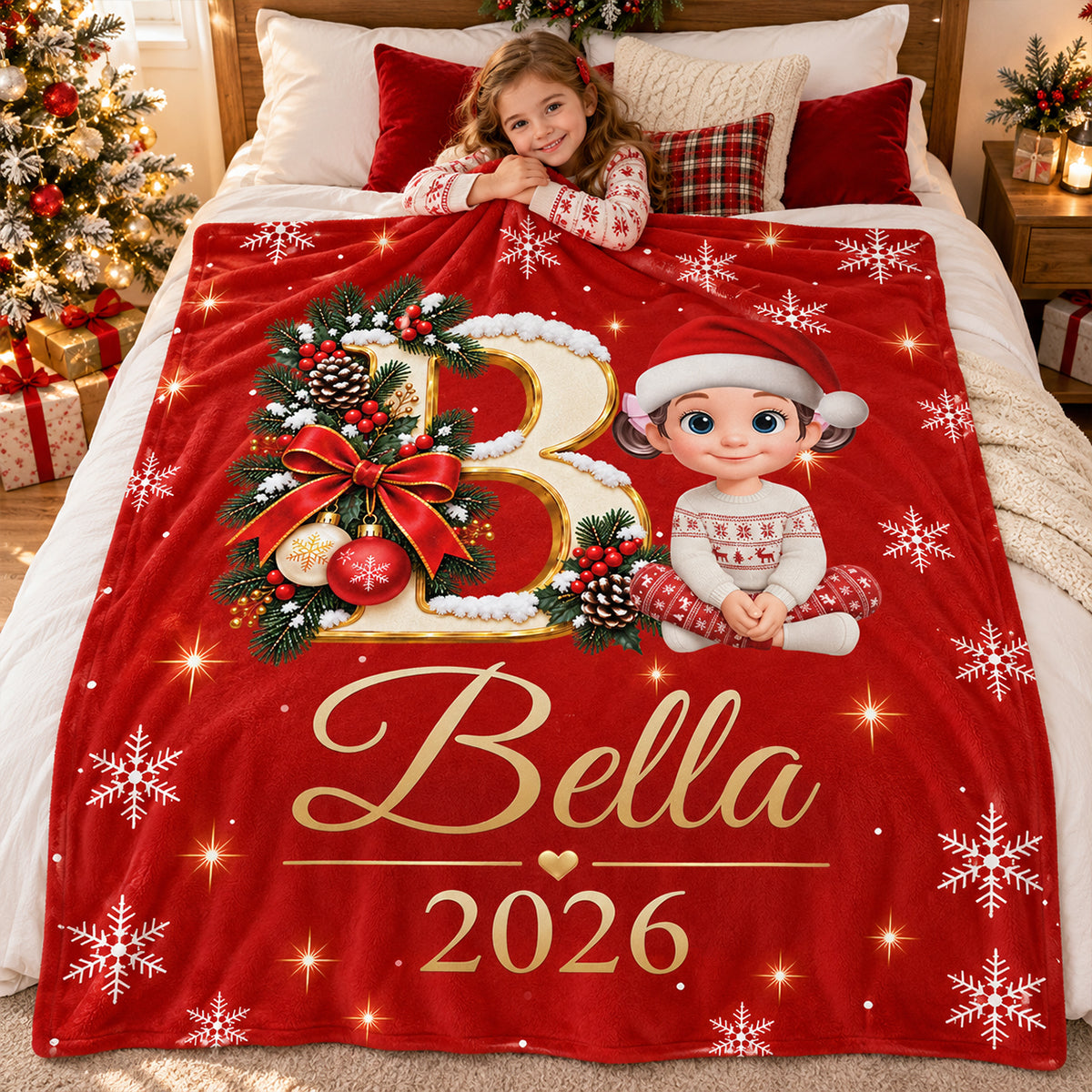Custom Name Initial Letter - Personalized Fleece Blanket - Christmas Gift for Daughter, Son, Grandkids