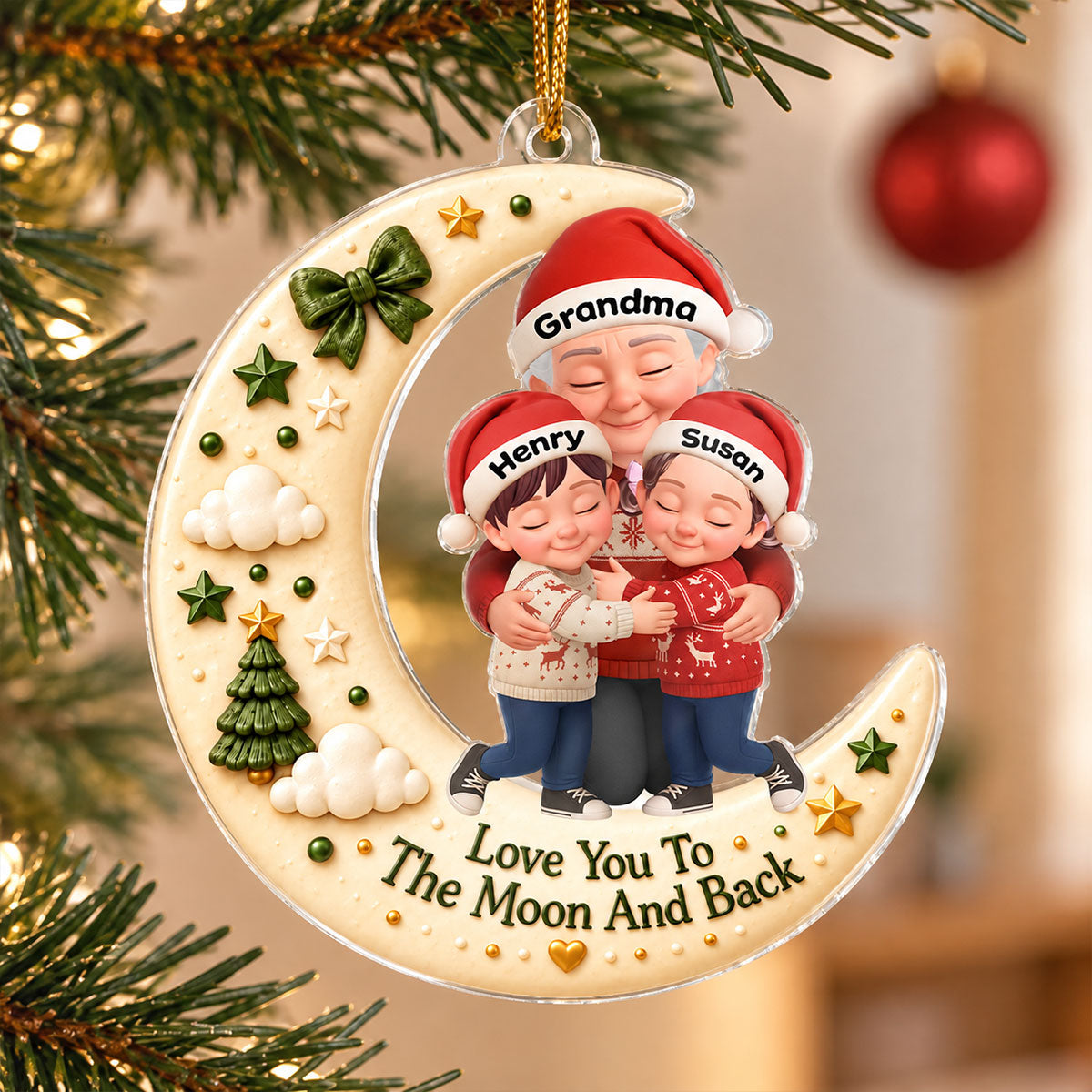 Grandma Hugging Grandkid Love to the Moon and Back - Personalized Acrylic Ornament - Christmas Gift for Grandma, Grandkids