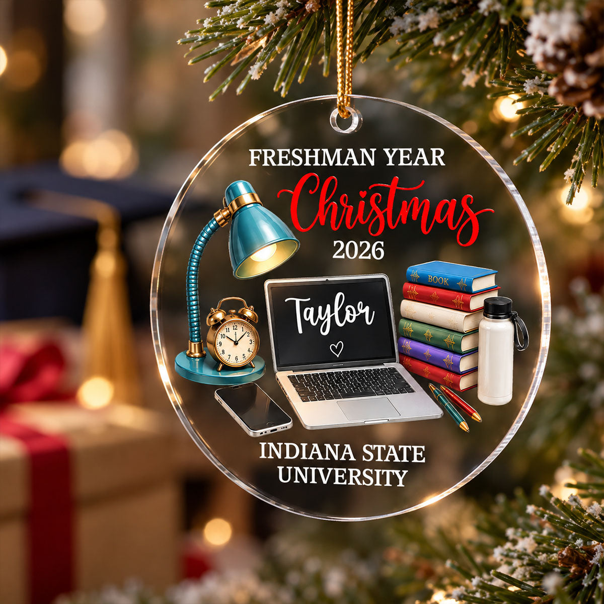 Freshman Year Christmas Study Desk – Personalized Acrylic Ornament – College Student Christmas Gift, First Year Keepsake
