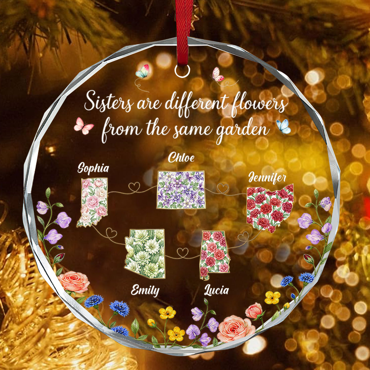 Sisters Are Different Flowers - Personalized Round Shaped Glass Ornament