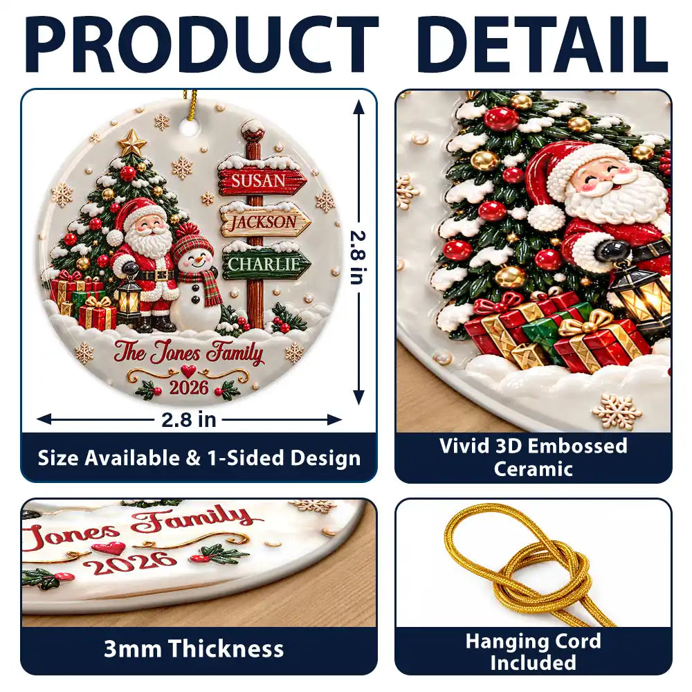 Christmas Gift For Family - Personalized Family Name Santa And Snowman 3D Embossed Circle Ceramic Ornament