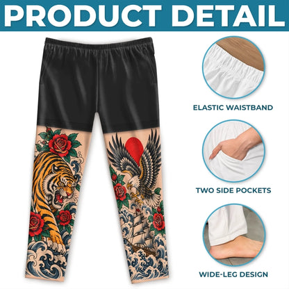 Custom Tiger Eagle Tattoo Art Gifts for Men - Personalized Pajamas Pants