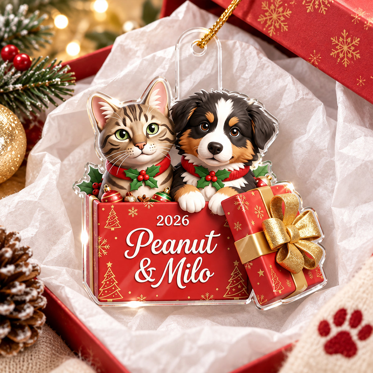 Custom Dog Cat Pet inside Gift Box - Personalized Acrylic Ornament - Christmas Gift for Dog Cat Mom