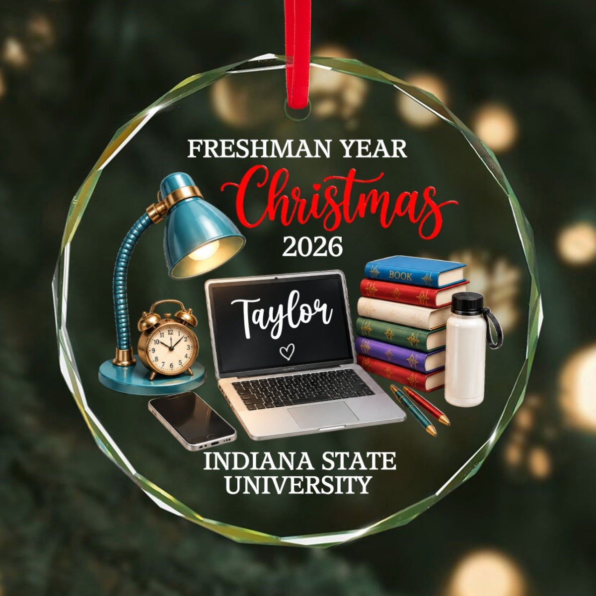 Freshman Year Christmas Study Desk – Personalized Glass Ornament – College Student Christmas Gift, First Year Keepsake