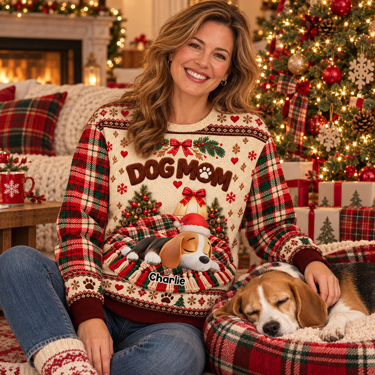 Custom Christmas Sweatshirt for Dog Mom, Dog Dad • Sleeping Dog - Personalized All-Over-Print Sweatshirt