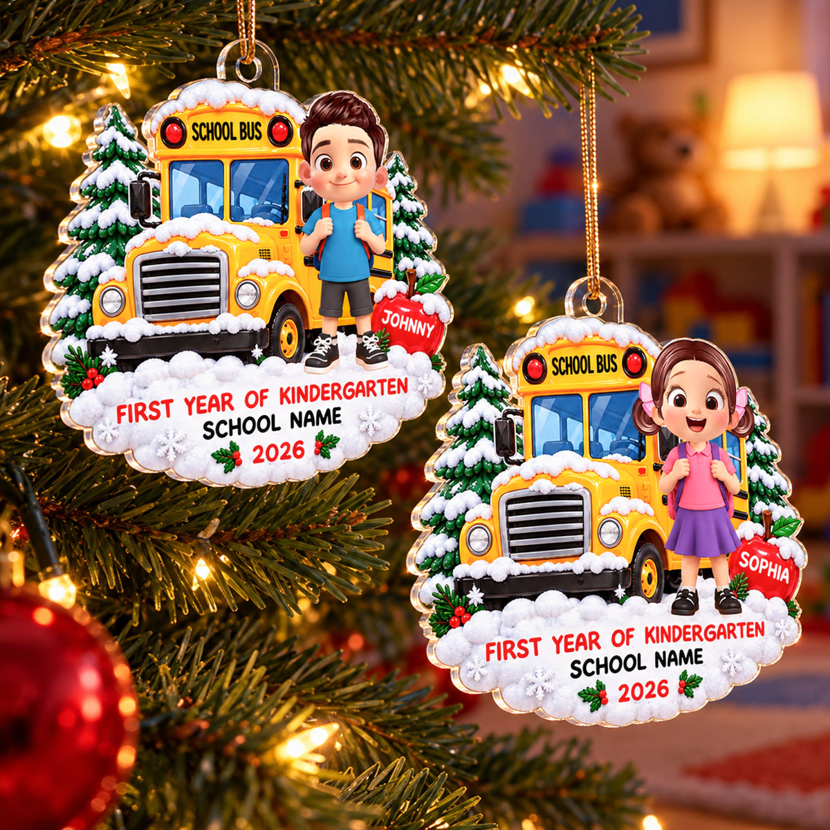 First Year Of Kindergarten School Bus - Personalized Acrylic Ornament - Christmas Gift For Kindergarten Boy Girl, Grandkids