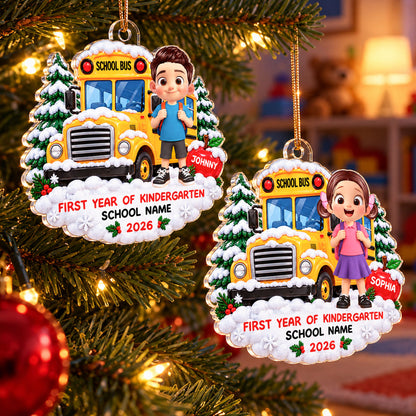 First Year Of Kindergarten School Bus - Personalized Acrylic Ornament - Christmas Gift For Kindergarten Boy Girl, Grandkids