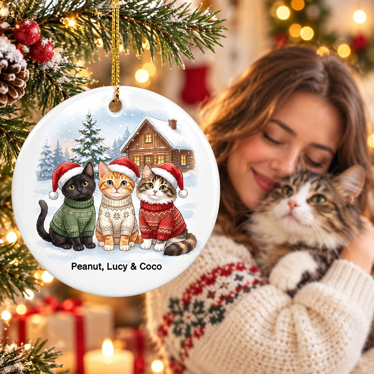Christmas Cat Dog Upload Photo - Personalized Ceramic Ornament - Gift For Cat Lover, Dog Lover