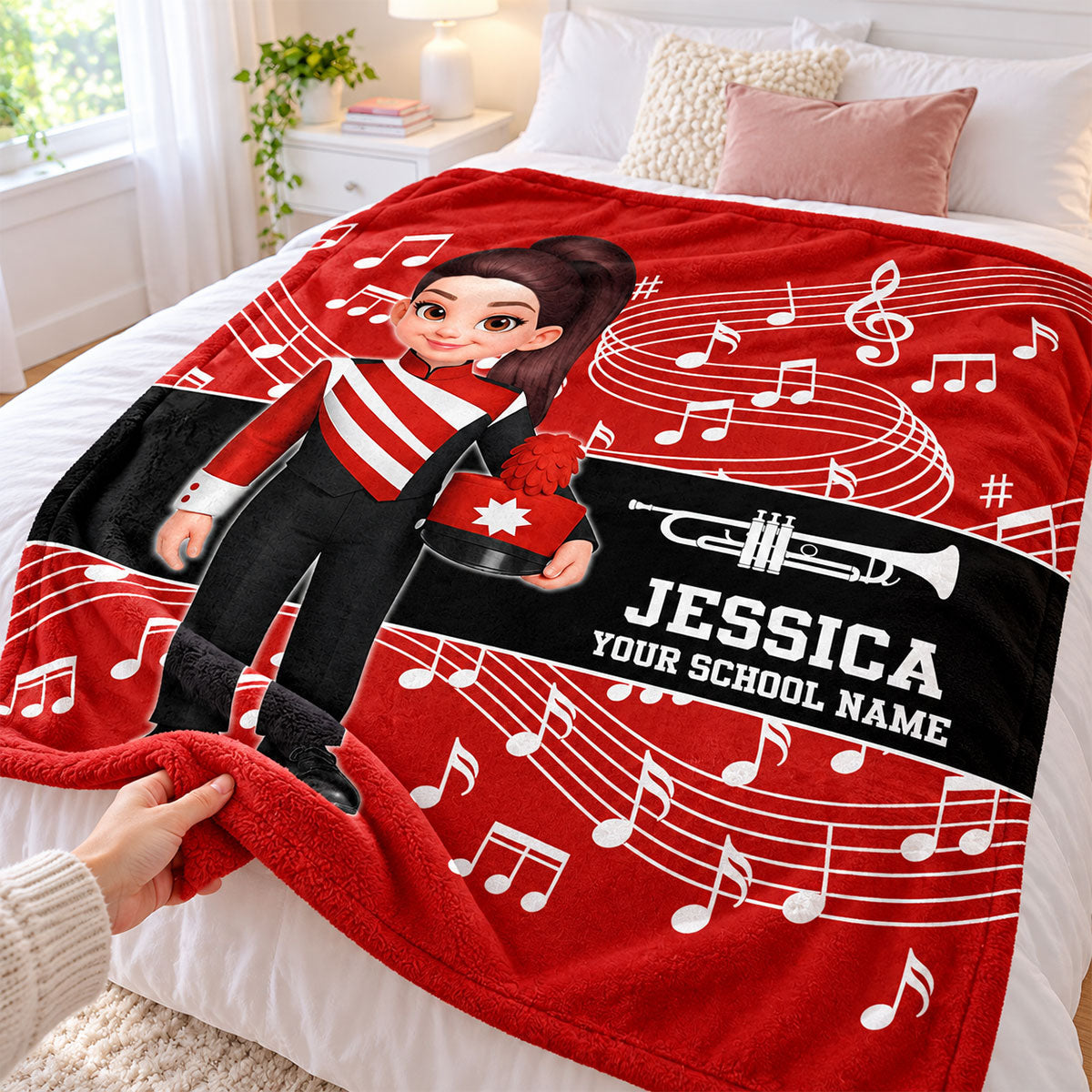 Custom Music Marching Band, Orchestra, Personalized Name, Color, School, Instrument, Trumpet, Clarinet, Tuba, Violine - Personalized Fleece Blanket - Christmas Gift For Son, Grandson, Daughter, Granddaughter