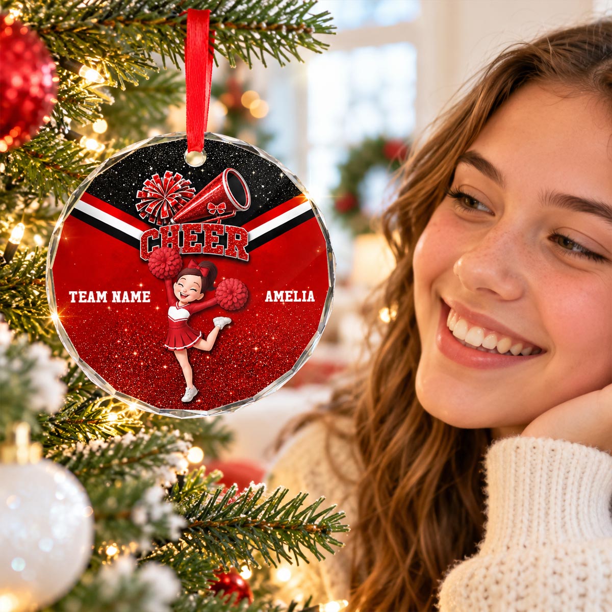 Proud Cheerleader Custom Name And Team Name - Personalized Glass Ornament - Christmas Gift For Cheerleaders, Daughter, Granddaughter