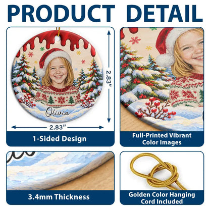 Christmas Gift For Kids Family - Personalized Custom Photo & Name Kid Portrait In Snowy Forest With Paint Drip Circle Ceramic Ornament