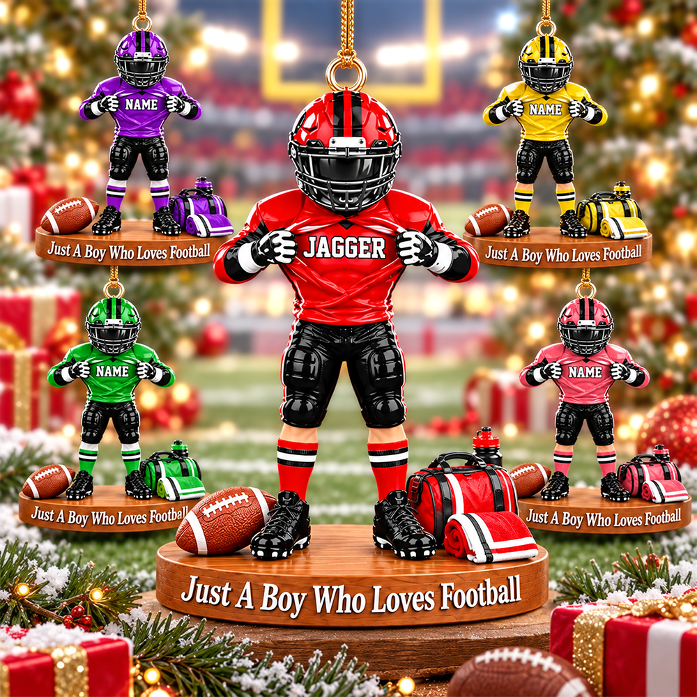 Personalized Football Player Christmas Ornament, Custom Name, Number & Uniform Colors, Just a Boy Who Loves Football Gift New